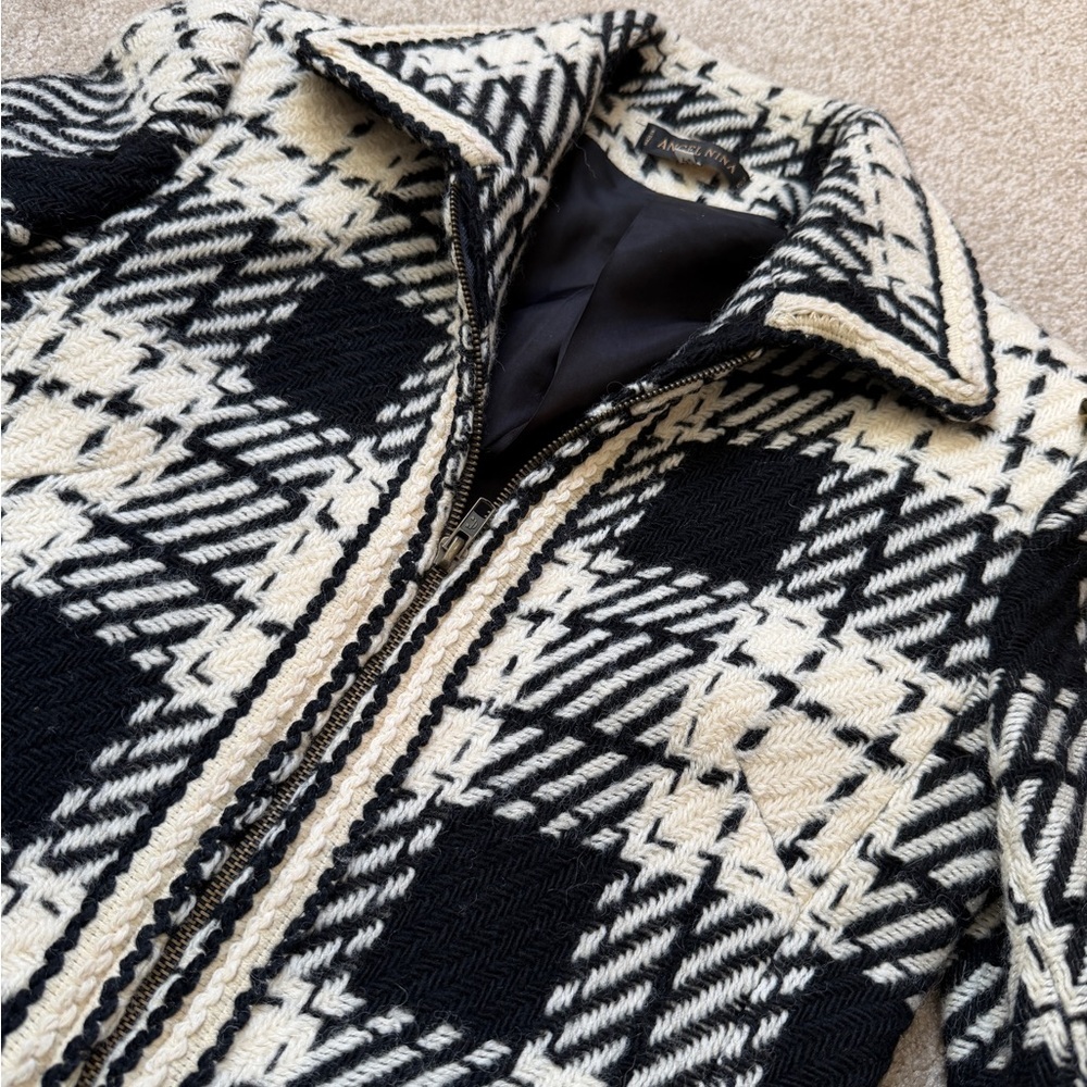 Angel Nina Plaid Wool Blend Coat Women Size 40 Black Cream Long Zip Jacket - Picture 12 of 16